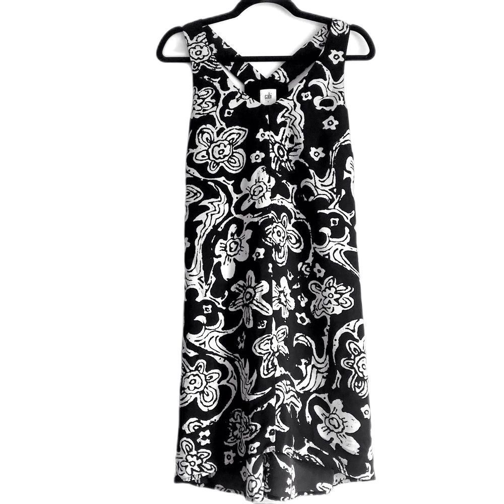 CAbi Padma Floral Black and White V-neck Racerback A-line Dress